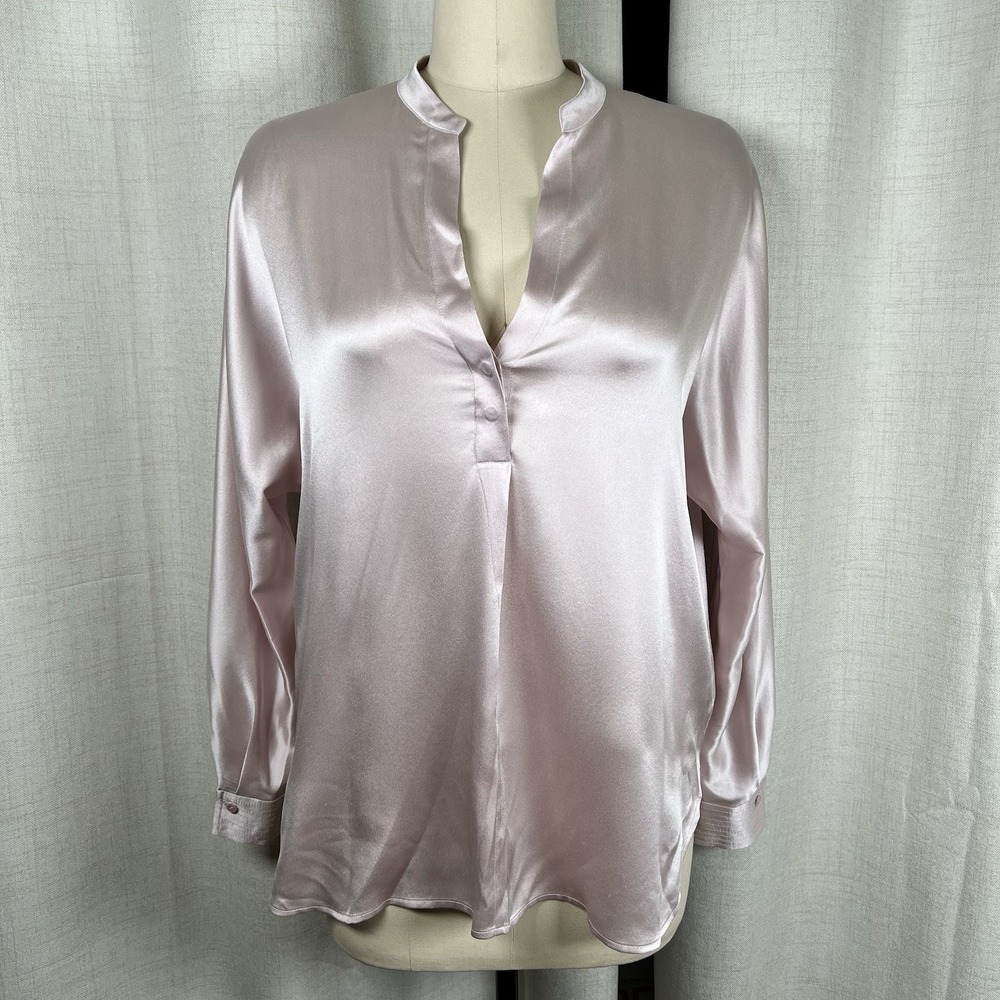 Vince 100% Silk Blush Pink Blouse Small Long Sleeve Split Neck Quiet Luxury